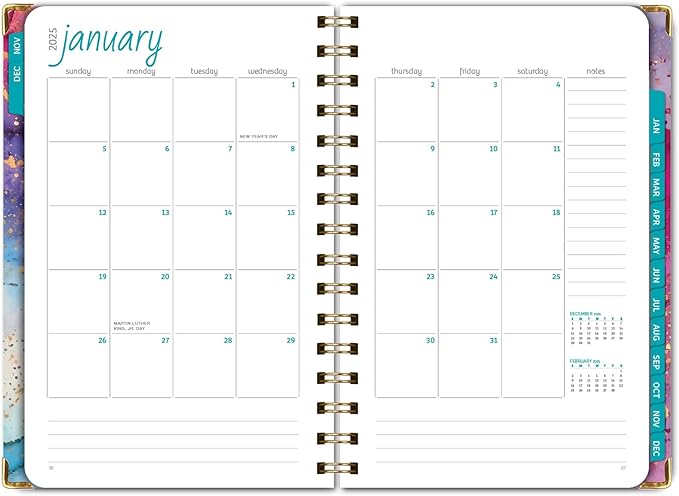 HARDCOVER 2025 Planner, 5.5"x8": 14 Months (November 2024 - December 2025), Daily Weekly Monthly Planner, Yearly Agenda, Bookmark, Pocket Folder and Sticky Note Set (Rainbow Gold Marble)