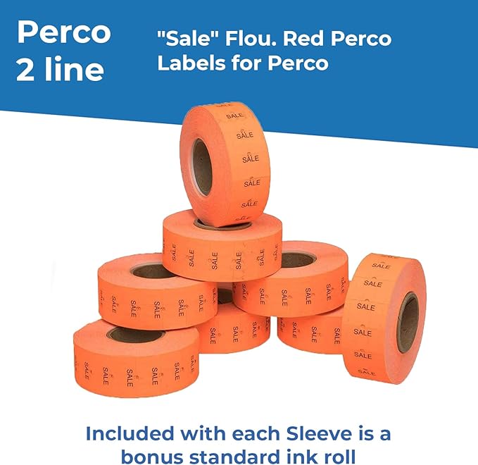 Sale Fluorescent Red Perco Labels for Perco 2 Line Labeler Gun - 10 Sleeve, 60,000 "Sale Labels for Perco 2 Line Date Guns