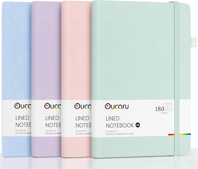 Lined Journal Notebook, 4 Pack, 180 Pages, A5 Journals for Writing, 100 GSM Thick Paper, Small Notebooks Daily Journal for Women Men Work, Business, School, Travel Supplies