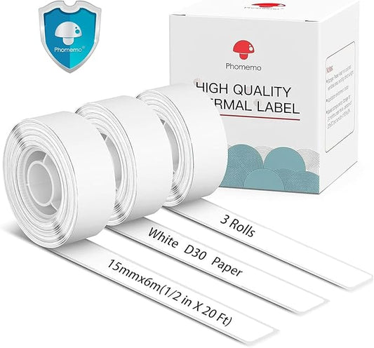 Phomemo Labels-3 Roll D30 Adhesive White Continuous Thermal Label Paper,1/2" X 20 Ft (15mm X 6m) Black on White for D30/D35 Label Maker, for Home,Kitchen,School,Office,Gift,Organization