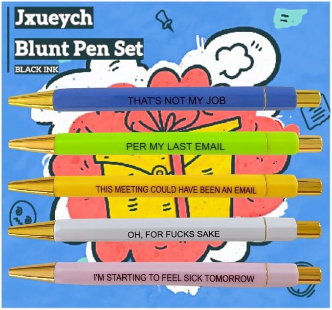Jxueych Funny Pens 5-Count, Black Ink,Medium Nib 1.0mm, Funny Office Gifts for Coworkers, Personalized Pens Vibrant Funny Quotes Swear Word Daily Pen Set (Blunt Pens)