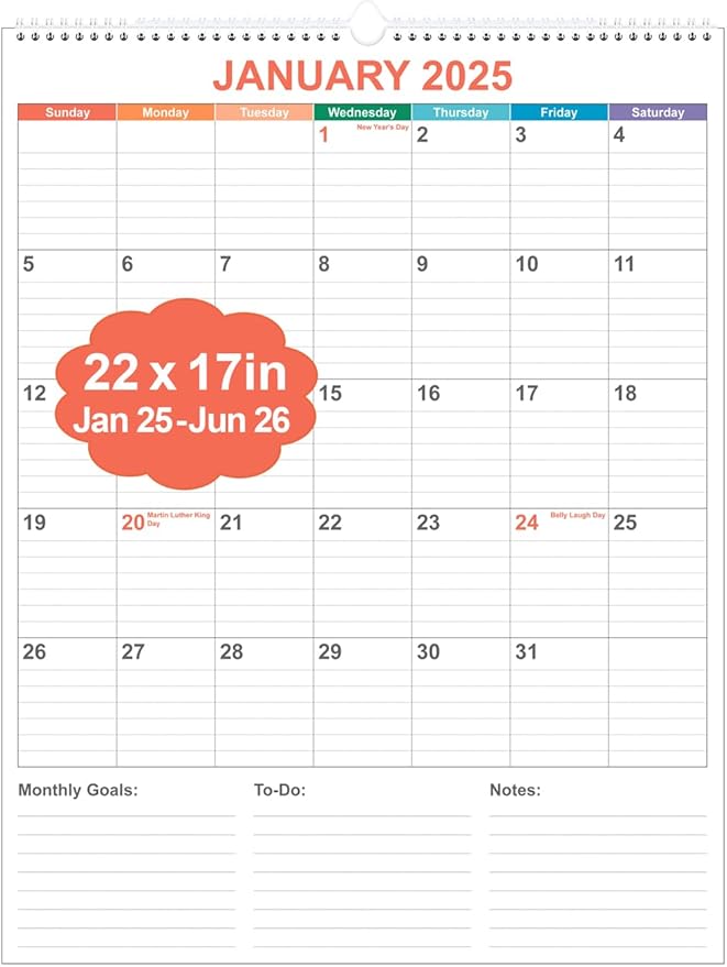 Large Calendar 2025-2026 with Spiral Bound - 18 Month Big Calendar from Jan 2025 to Jun 2026, Vertical Large Monthly Calendar 2025-2026 for Wall, Calendario 2025, 22" x 17", Colorful