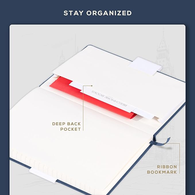 BEECHMORE BOOKS Lined Journal Notebook, 5.8 x 8.3 inch, A5 160 Lined Pages, Hardcover Leather Journals for Women, Men, Writing and Notebooks for Work - 120 GSM Thick Paper, Gifts Box Included