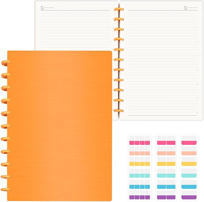 Discbound Notebook, 8-Disc Disbound Planner with Removable Pages, 180 Pages Spiral Notebook, Poly Cover Discbound Planner for Work, Travel, Note Taking(With Index Sticker),Orange,A4
