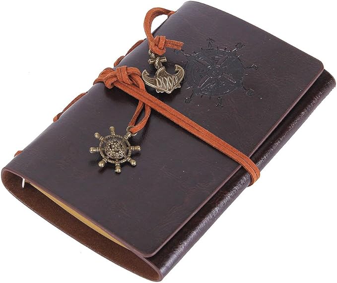 EvZ Leather Writing Journal Notebook, 5 Inches Vintage Nautical Spiral Blank String Diary Notepad Sketchbook Travel to Write in, Unlined Paper, Retro Pendants, Classic Embossed, Coffee