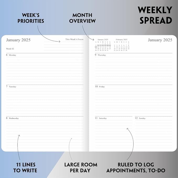 2025 Planner 8.5”x11”, Weekly and Monthly Planner from Jan to Dec 2025, Vegan Leather Cover, Elastic Closure, Teal