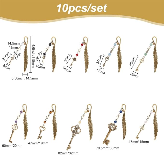 10pcs Feather Bookmarks, Metal Crystal Bookmarks Vintage Gemstone Beading Bookmarks Antique Bronze Key Book Markers for Reading Book Lovers Teacher's Day Delicate Gifts