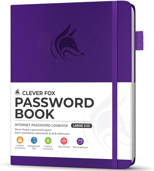 Clever Fox Password Book with Alphabetical tabs. Internet Address Organizer Logbook. Large Password Keeper for Website Logins (Purple)