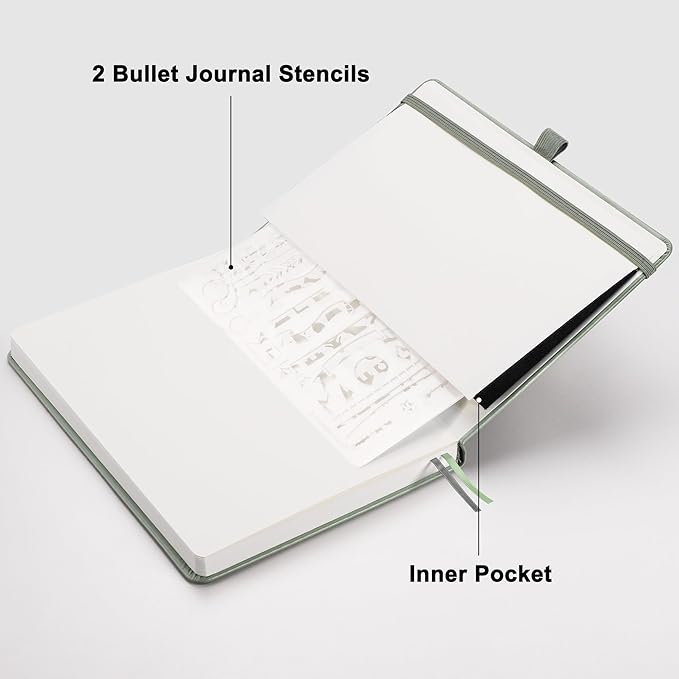 RETTACY Bullet Dotted Journal, A5 Dotted Notebook Journal with 192 Pages, 5.7'' × 8.3'', Medium Size, 100 GSM Thick Paper, Leather Hardcover, Bullet Journaling, Planning (Sage Green)