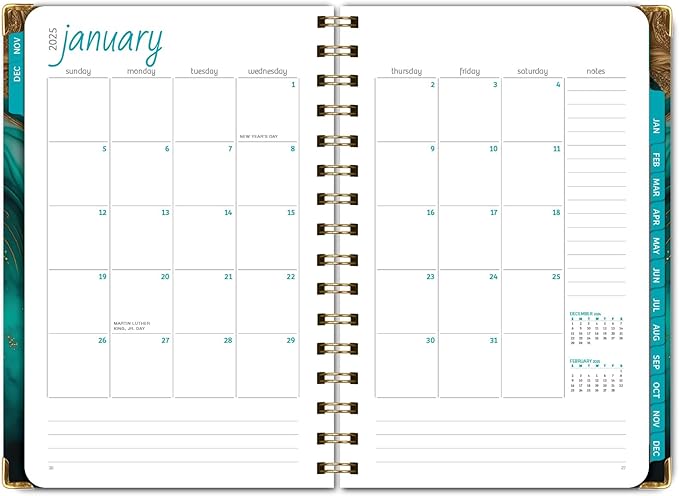 HARDCOVER 2025 Planner, 5.5"x8": 14 Months (November 2024 - December 2025), Daily Weekly Monthly Planner, Yearly Agenda, Bookmark, Pocket Folder and Sticky Note Set (Teal Gold Marble)