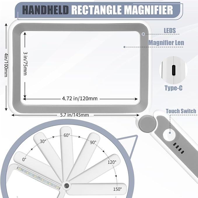 Magnifying Glass with Light, Rechargeable 5X Large Page Magnifier for Reading, Folding Handheld Dimmable, LED Lighted Rectangle Magnifier for Reading Book Small Print for Seniors Low Vision
