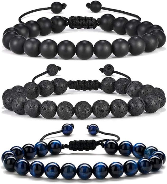 M MOOHAM Natural Stone Bracelets for Men - 8mm Tiger Eye | Matte Agate | Lava Rock Bracelets for Men Teen Boys Gifts Birthday Anniversary Christmas Gifts for Men Teens