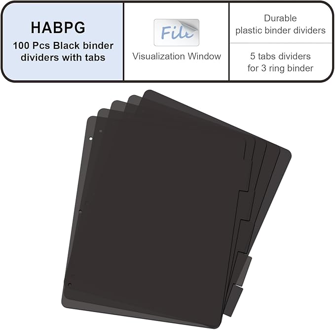 HABGP Binder Dividers with 5-Tabs, Plastic 20 Pack 5 Binder Dividers, 3 Ring Letter Size Black Index Binder, 1/5 Cut, Write & Erase Sheet Protectors, 3 Hole Punch, Total 100 Dividers
