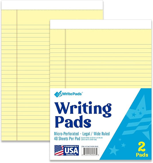 KAISA Legal Pads 8.5x11 Writing Pads Wide Ruled Notepads 8.5"x11.75" Canary Note Pads, Yellow 40 Sheets 2 Pads,WT-MCY40W-2PAD, Made in the USA