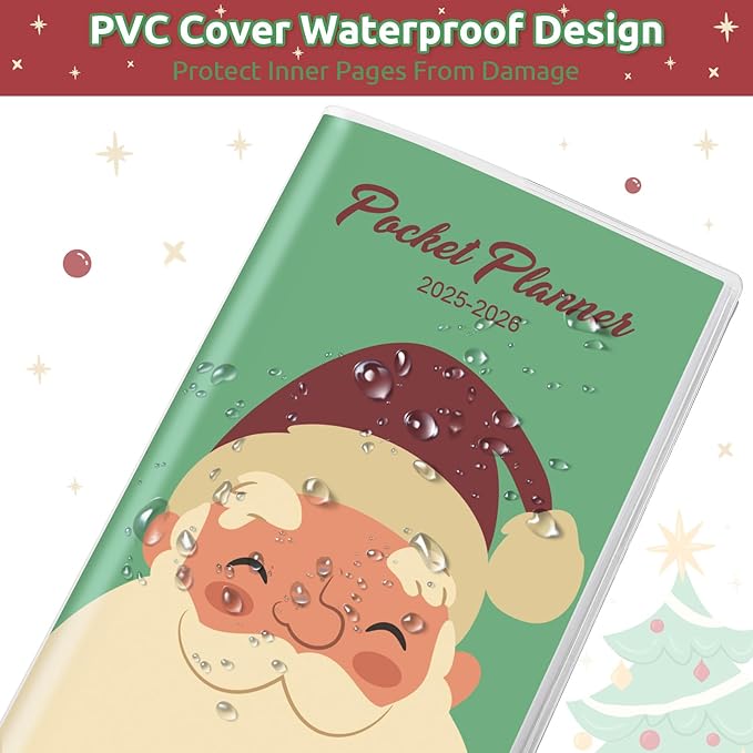 Christmas Pocket Calendar 2025-2026, 2025 Monthly Planner - 6.7" x 3.7" - Runs from January 2025 until December 2026, 2025 Pocket Planner with PVC Cover for Planning, Green