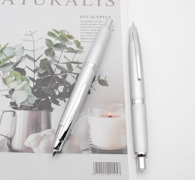 JINHAO 10 Press Fountain Pen, Retractable Metal Pen with Ink Converter (EF Nib 0.38mm, Striated Silver)