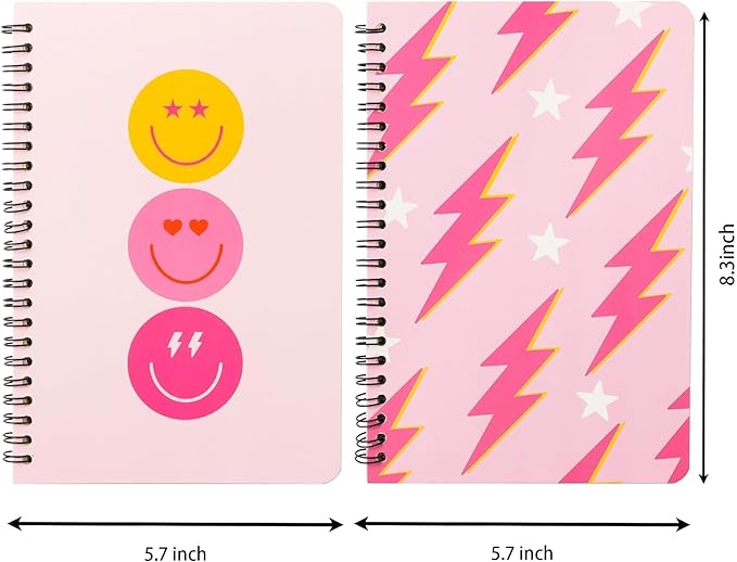 L1rabe 2 A5 Preppy Spiral Notebooks for Teens Girls Spring Back to School Y2K Hardbound Journal for College Student Happy Smile Hardcover Notebooks, Easter Gifts Pink Notepad Diary for School Supplies