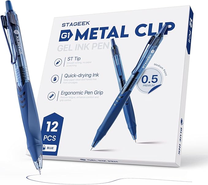 12 Pack Blue Gel Pens, Quick Dry Blue Ink Pens, 0.5mm Fine Point Retractable Smooth Writing Pens for Journaling, Writing, Business Gel Pen for Office School & Home Supplies(Blue)