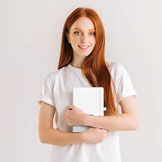 Dotted Journal/Notebook - Dot Grid Hard Cover Notebook, Premium Thick Paper with Fine Inner Pocket, Black Smooth Faux Leather, Pen Loop, 5.3'' x 8.26'' - White