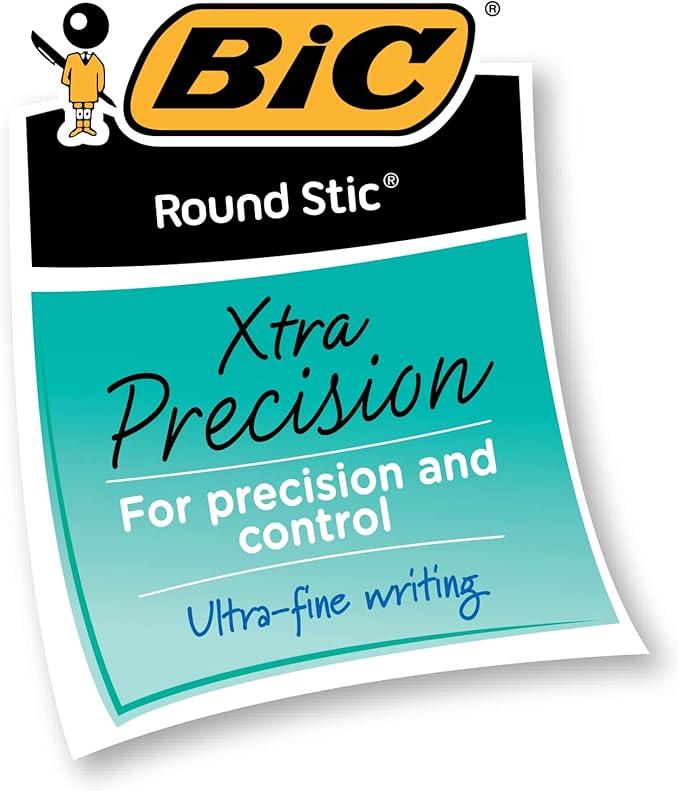 BIC Round Stic Xtra Precision Ballpoint Pen, Fine Point (0.8mm), Blue, 12-Count