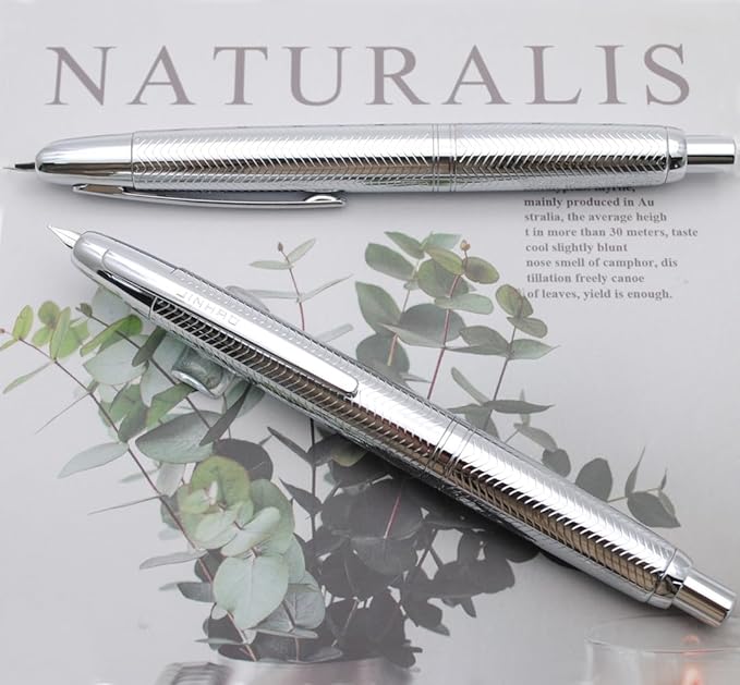 JINHAO 10 Press Fountain Pen, Retractable Metal Pen with Ink Converter (F Nib 0.5mm, Wavy Texture Bright Silver)