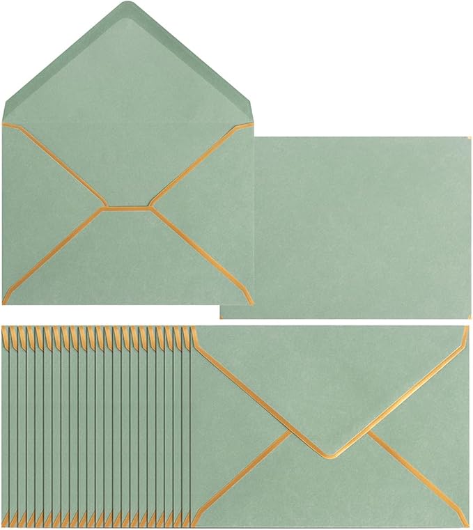 Homtable 50 Pack Sage Green A7 Envelopes 5 x 7 Self-Adhesive V Flap Envelopes with Gold Border for Office, Greeting Card, Wedding, Graduation, Baby Shower, Parties, Invitations (Sage Green, 5x7)