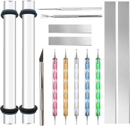 14 Polymer Clay Tools Acrylic Roller Clay Rolling Pin with Thickness Rings Tissue Blade Sculpting Earring Making Kit Supplies Slicer Knife Dotting Tool Jewelry Accessories Mini Cutters Press