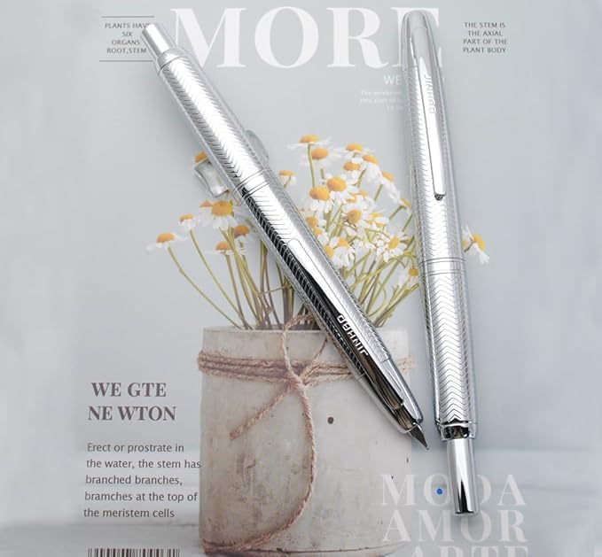 JINHAO 10 Press Fountain Pen, Retractable Metal Pen with Ink Converter (EF Nib 0.38mm, Wavy Texture Bright Silver)