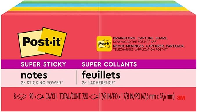Post-it Super Sticky Notes, 8 Sticky Note Pads, 1.875 x 1.875 in., Back to School Supplies for Students, Ideal for Textbooks, Notebooks, and Vertical Surfaces, Playful Primaries Collection