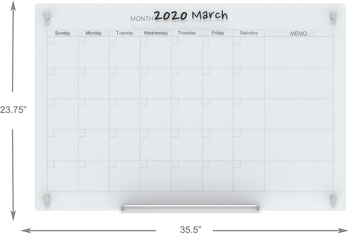 Audio-Visual Direct Magnetic Glass Dry Erase Board Set (3' x 2', Calendar White) for Wall - Monthly Planner