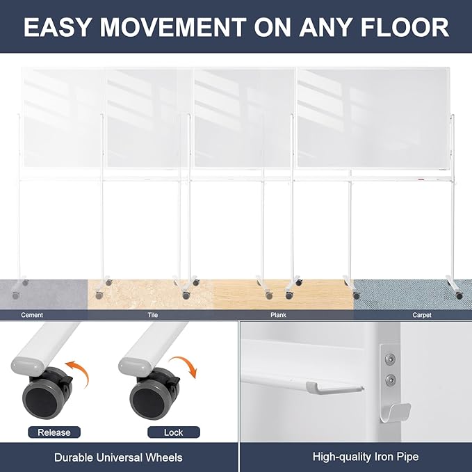 Mobile Clear Glass Whiteboard, TANKEE 48" X 32" Standing White Board on Wheels, Large Rolling Dry Erase Board with Stand, Transparent Tempered Glass Board with Paper Pad, Great for Office Home School