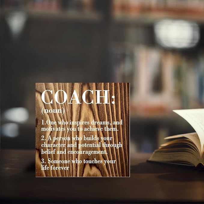 Inspirational Coach Noun Coach Gifts Desk Decor Wooden Box Sign Rustic Wood Block Plaque Box Sign for Coach Mentor Trainer Tutor Home Office Desk Shelf Table Decoration Coach Definition Roasted Color