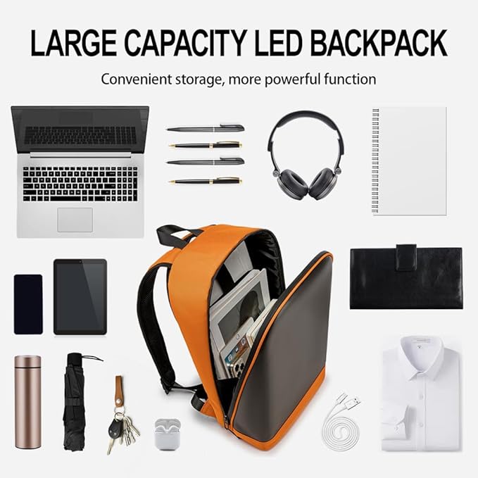 LED Color Screen Customizable photo/icon Backpack,Water-Resistant Travel Bag with USB Port and Comfortable Padding, Orange