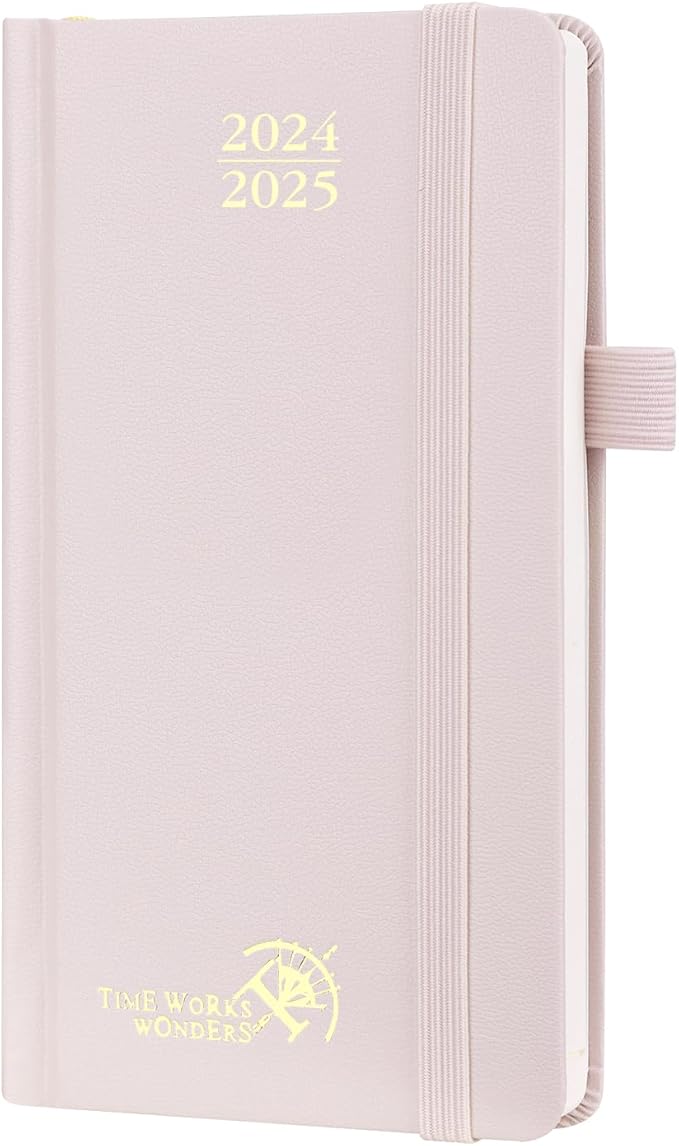 POPRUN Pocket Calendar 2024-2025 for Purse 3.5''x6.5'' Hardcover (17-Month: Aug.24 to Dec.25) Small Academic Planner Daily Weekly Monthly Agenda with Pen Holder, Ivory Paper - Light Pink