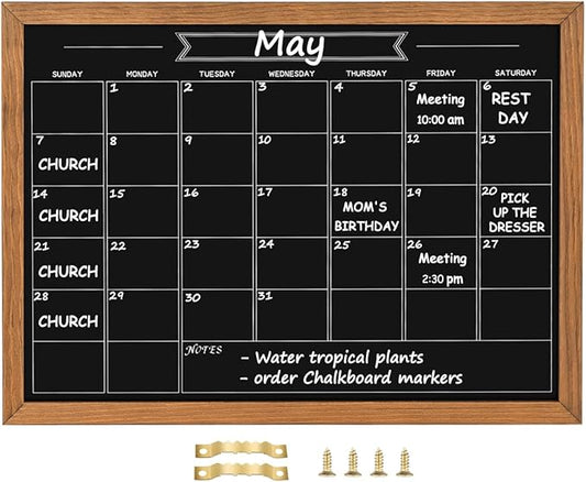 Calendar Chalkboard, 17.7" * 23.6", Magnetic Surface Rustic Brown Solid Pine Wood Frame Chalk Board for Planning/School Timetable/Memo, Hanging Board for Office, School and Home(YLHB-QZ-4560)