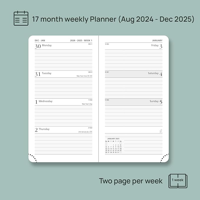 POPRUN Pocket Calendar 2024-2025 for Purse 3.5''x6.5'' Hardcover (17-Month: Aug.24 to Dec.25) Small Academic Planner Daily Weekly Monthly Agenda with Pen Holder, Ivory Paper - Light Pink