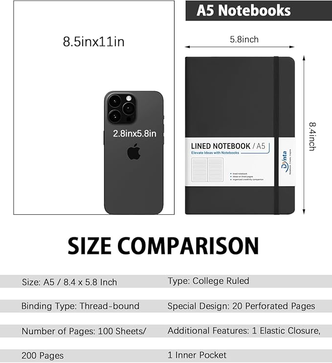 Hardcover Journal Notebooks, 10 Packs A5 Lined Journals Bulk for Writing 200 Pages/100Sheets, 8.4 x 5.8 inch, Classic Ruled Notebook for Work/Travel/College/Note Taking(Black)