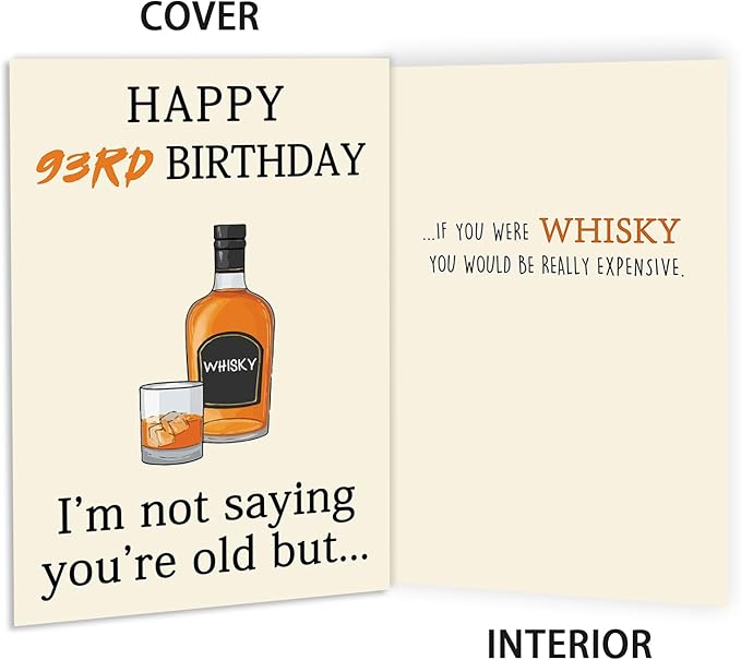 Funny Whiskey 93rd Birthday Card, 93rd Birthday Gifts for Men Women, Unique 93rd Birthday Decorations for Husband Wife, Best 93 Year Old Birthday Card Gifts for Grandpa Grandma