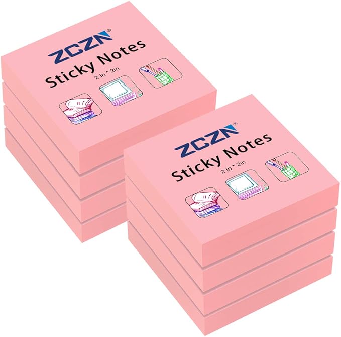ZCZN Small Sticky Notes, 2in x 2in, 100 Sheets/Pad, 8 Pads/Pack, Pink