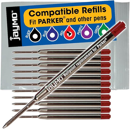 Jaymo Replacement for Parker 1950370 and Bastion - Measures 3.875 in / 98 mm Long - G2 Ballpoint Pen Refill - 12 Red