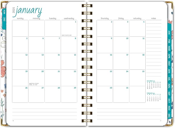 HARDCOVER 2025 Planner, 5.5"x8": 14 Months (November 2024 - December 2025), Daily Weekly Monthly Planner, Yearly Agenda, Bookmark, Pocket Folder and Sticky Note Set (Colorful Botanicals)