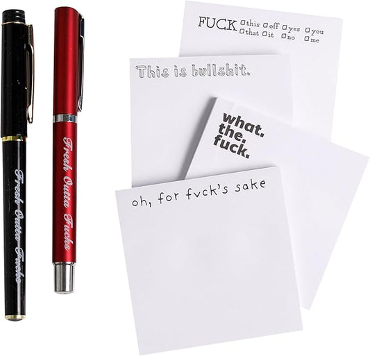Fresh Outta Fucks Pad and Pen Funny Sticky Notes and Pen Set White Elephant Gift Novelty Pen Funny Desk Accessory Fun Gifts for Friends (A-Set 2 Pen+4 Notes)