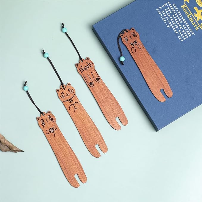 Wood Cat Bookmarks - Set of 4 Cute Bookmarks Aesthetic, Wooden Bookmarks Anime Cat Bookmark for Women Girl Kids, Kawaii Bookmark for Book Lover Cat Lover Friends Best Gifts (Acid Redwood)