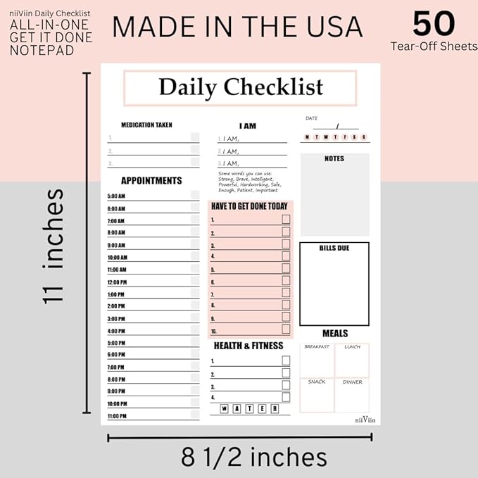 Daily Planner Notepad – ADHD Planner for Adults, Daily To Do List Pad, Undated 50 Tear-Off Sheets, 10 Sections, Thick Backing, To Do List Notepad 8.5 x 11