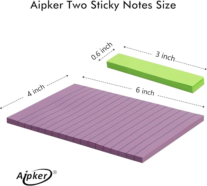 Upgraded 6 Color Lined Sticky Notes & Index Tabs Set, Bright Color Strong Adhesive 4x6 Inch Sticky Note Pads with Lines and Index Strips for Office Study Book (45 Sheets/Pad, 12 Pads)