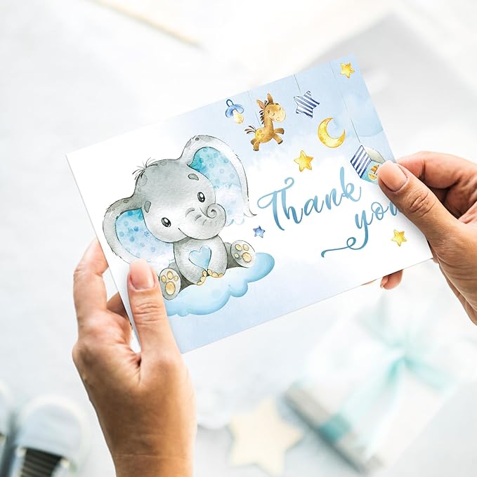 Whaline 24 Packs Elephant Thank You Cards Blue Baby Elephant Greeting Cards Cute Cartoon Blank Note Cards with Envelopes and Stickers for Baby Shower Birthday Holiday Party Supplies, 4 x 6 Inch