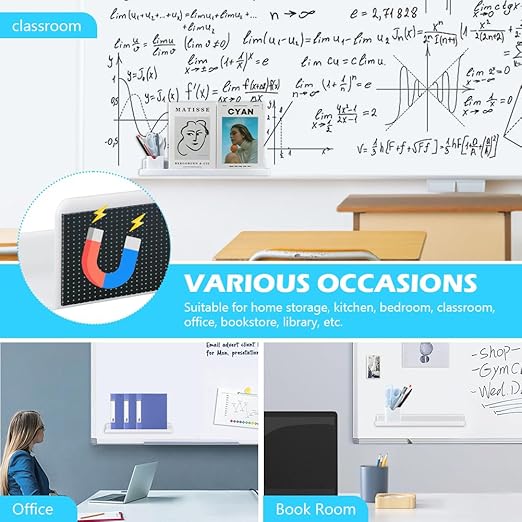Magnetic Book Shelf for Whiteboard, Magnetic Book Holder File Rack with a Pen Container and Two Hook Acrylic Book Shelves Metal Floating Book Display Shelf for Teacher Kids Room Office(White)