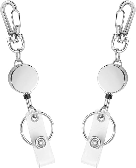 2 Pack Metal Retractable Badge Reel ID Badge Holder with Cord and Carabiner Key Chain (Silver)
