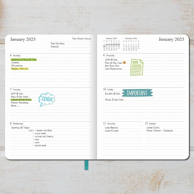 2025 Planner - Weekly and Monthly Planner Jan to Dec 2025, Vegan Leather Cover, Elastic Closure, 7”x9.25”, Teal