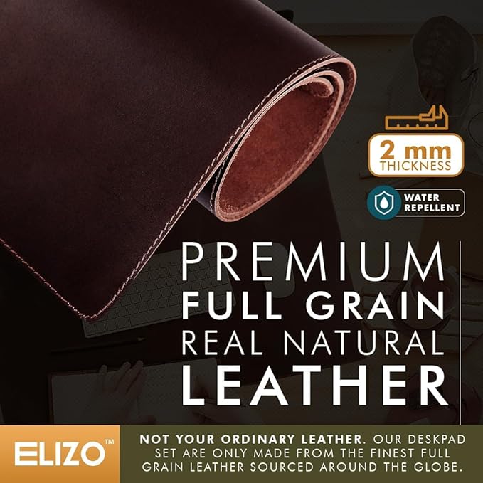 Leather Desk Pad (Real) Leather Desk Mat Set (31x15) Large Desk Cover Desk Blotter Desk Protector Computer Mat for Keyboard Gaming Mouse Pad Table Laptop Office Desktop Accessories Kona 2mm ELIZO